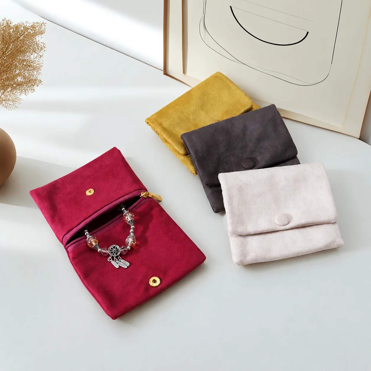 Microfiber Velvet Jewelry Storage Pouch Packaging Bag with Snap Flap and Inner Zipper for Bracelet Rosary Rings Pendant Earrings