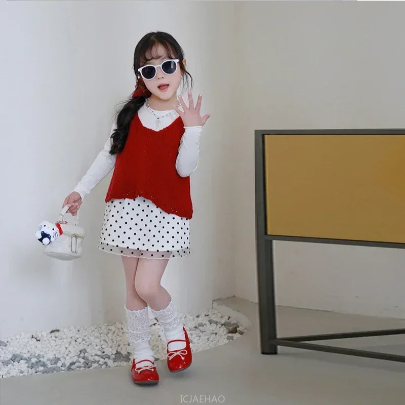2025年 ママと娘 ベビーベスト + 長袖プルオーバー + スカート セットアップ ママと女の子お揃いコーデ キッズスーツ 春