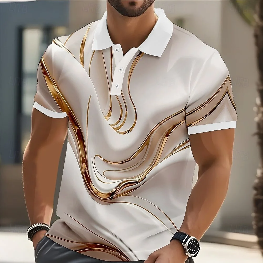 Abstrakte geometrische Polo-Kurzarmhemden für Herren, Revers, Business-Casual, Freizeitsport, Alltagskleidung, 3D-Druck, Knöpfe, Frühling 2026