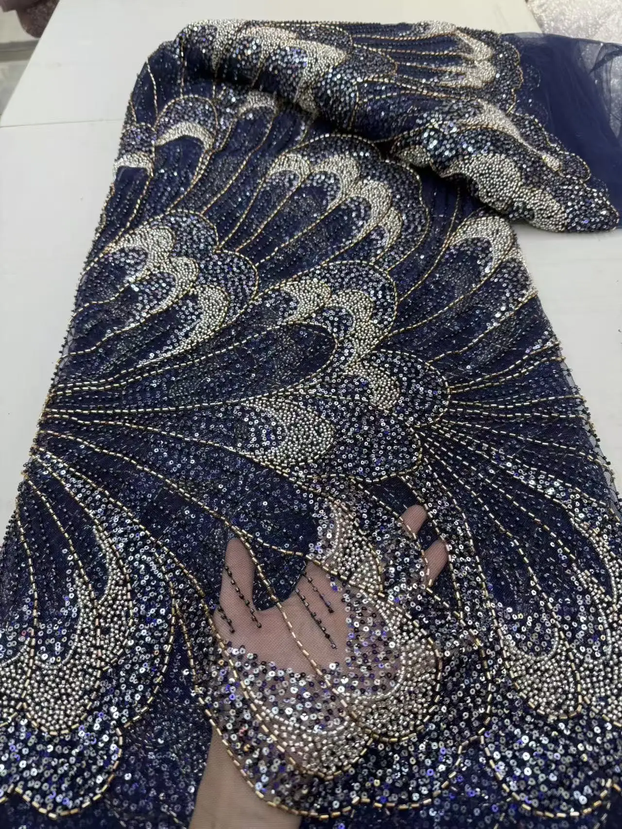 

African Beaded Lace 2026 High Quality Nigerian French Mesh Lace Fabric With Sequins For Wedding Party Dress Women 5 Yards