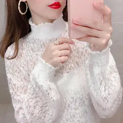 Elegant Fashion Lace Gauze Hook Flower Hollow Woman Blouses Lantern Sleeve Pullover Tops Loose Turtleneck Shirts Female Clothing