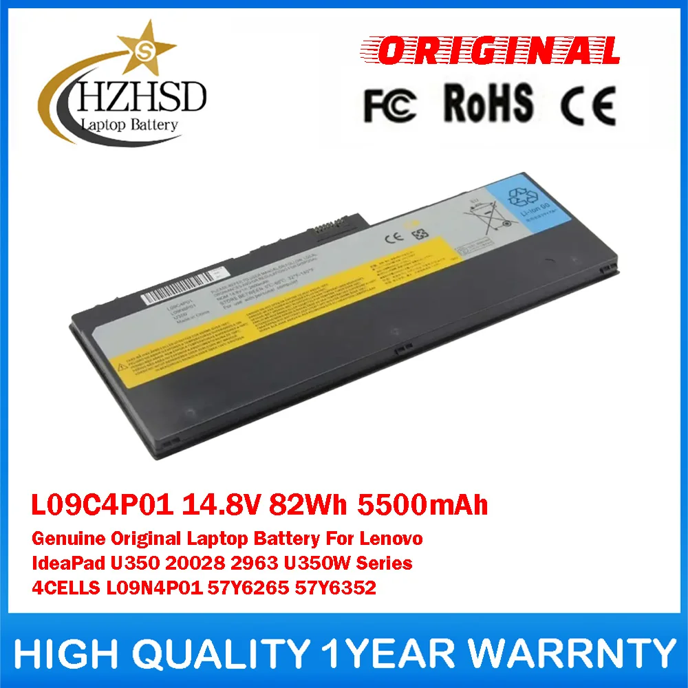 L09C4P01 14.8V 82Wh 5500mAh Genuine Original Laptop Battery For Lenovo IdeaPad U350 20028 2963 U350W L09N4P01 57Y6265 57Y6352