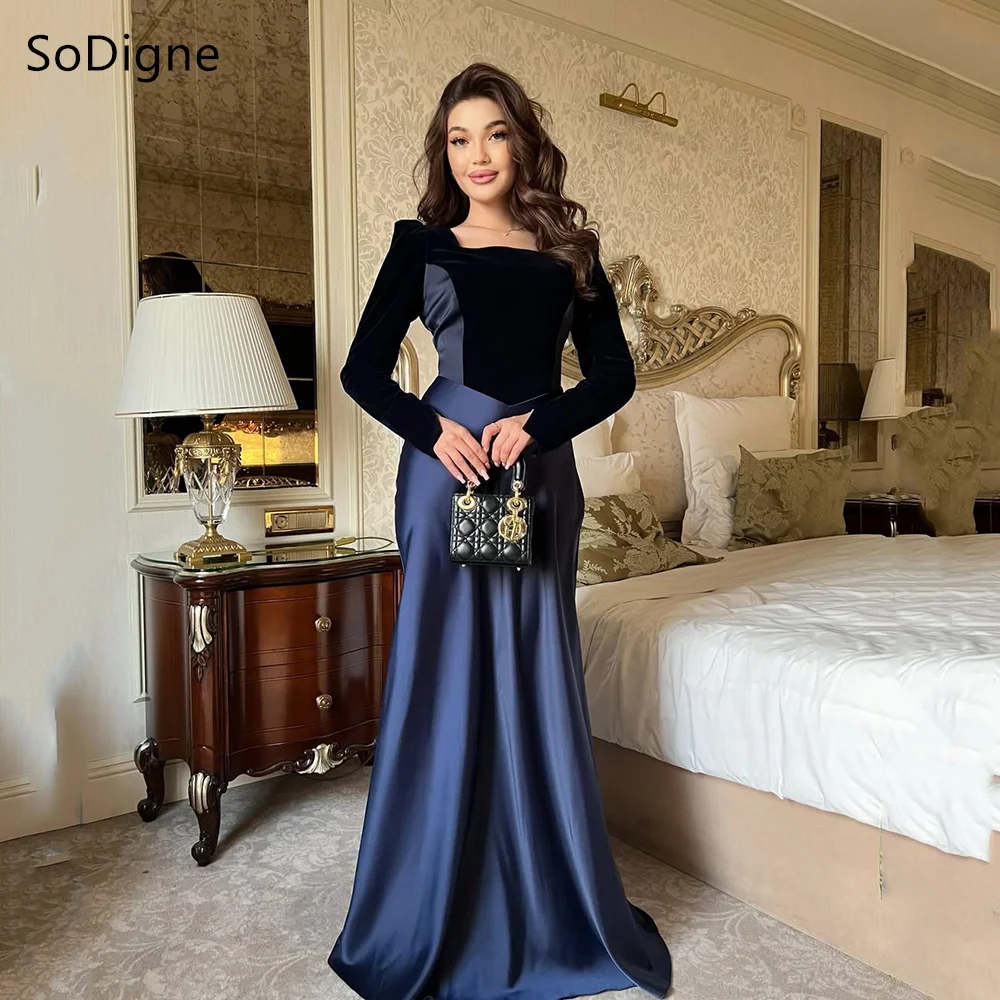 

SoDigne Elegant Black Velvet Prom Dresses Square Collar Full Sleeve Party Dress Draped A-Line Floor-Length Prom Gowns Customized