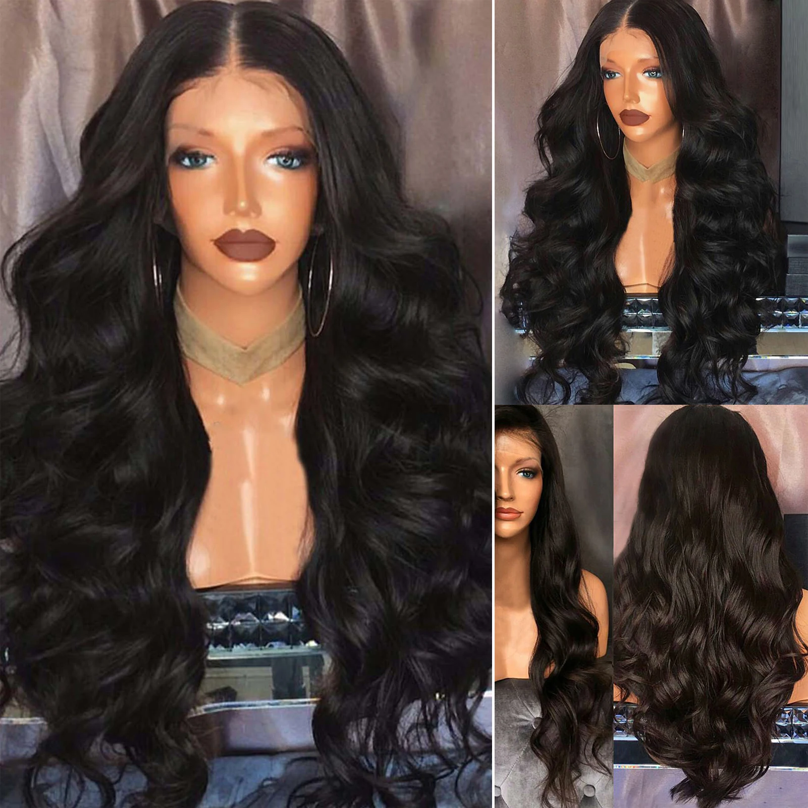 Lace Black Wavy Wig 26 Inch Front Synthetic Fiber High Temperature Silk Wig Middle Part Curls Naturally For Women Everyday