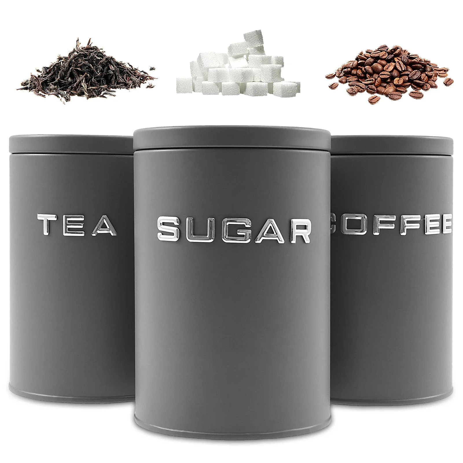 3 Pcs Tea Coffee Sugar Canister Jar Metal Round Kitchen Container with Airtight Lid Moisture Proof Coffee Beans Storage Jar