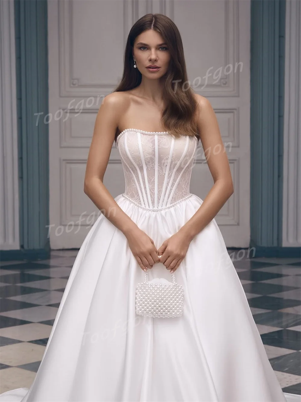 Toofgon A Line Lace Satin Bride Wedding Dresses Strapless Bones Long Train Women Formal Party Dress Bridal Gowns Customized