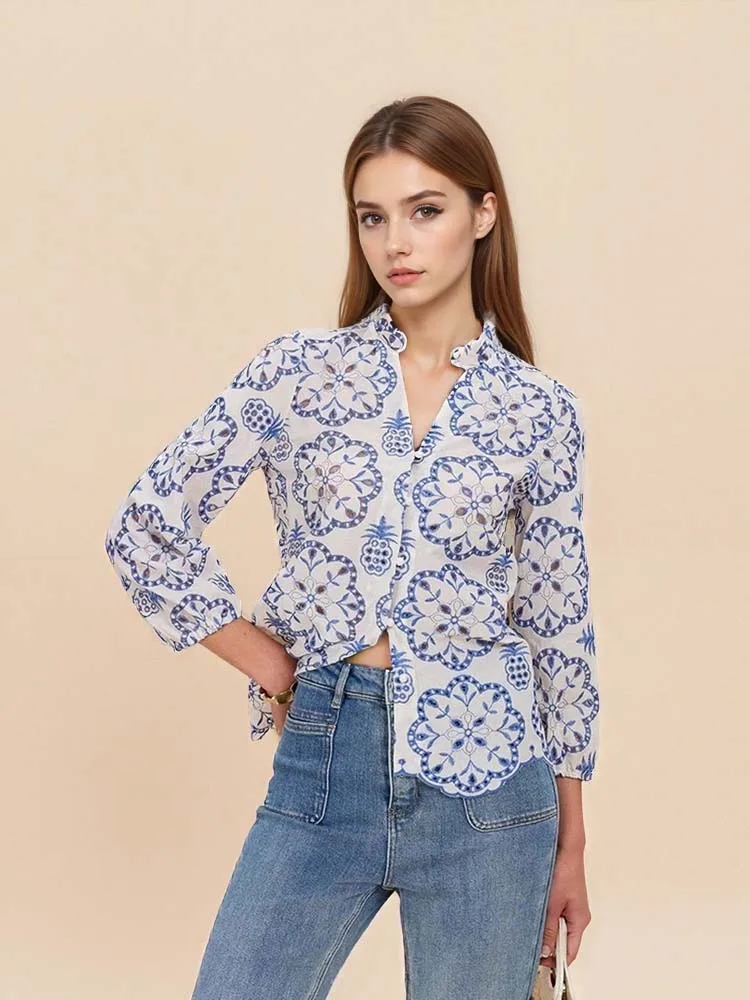 

V Neck Button Down Top Nine-quarter Sleeve Casual Shirt Women Floral Hollow Out Fashion Shirts Spring Summer Blouses Blue White