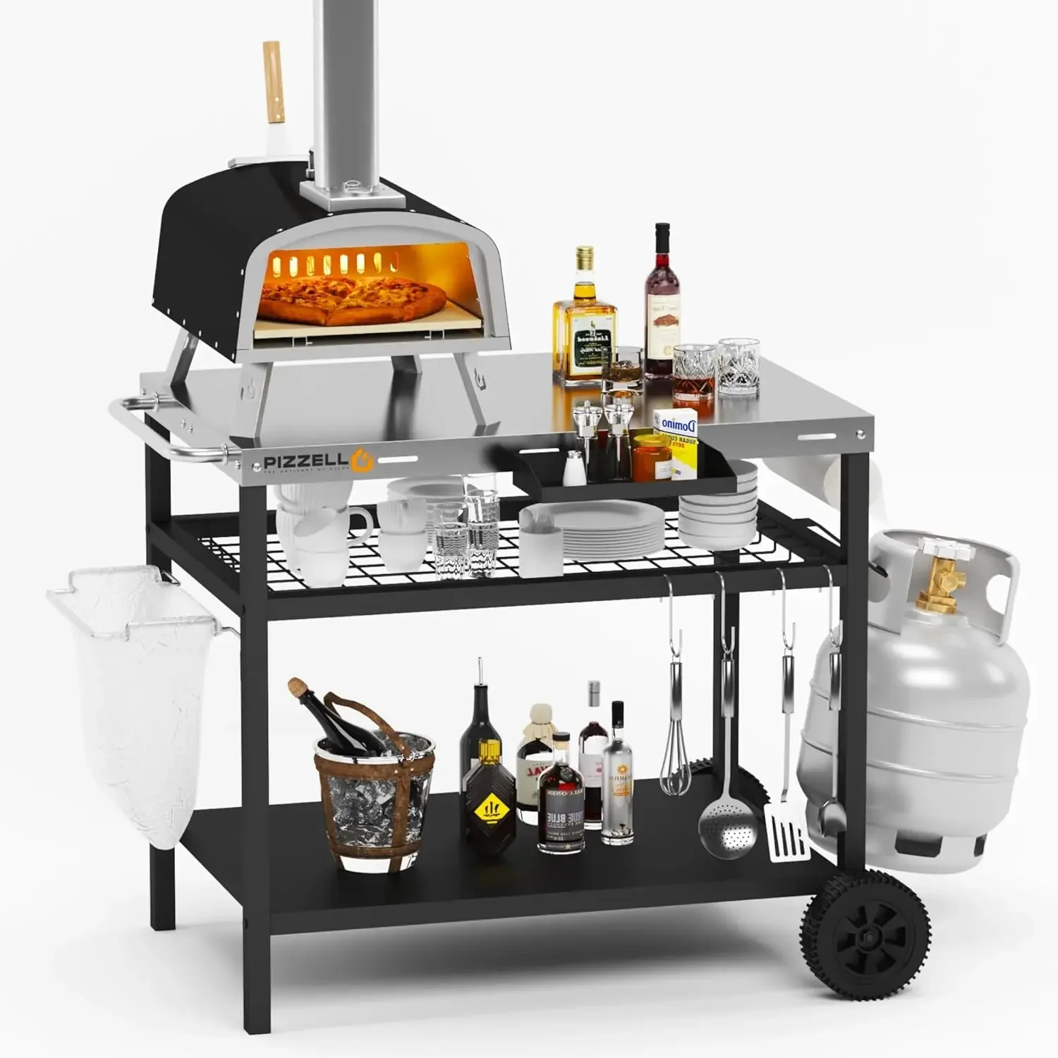 Outdoor Grill Cart Three-Shelf Pizza Oven Stand Table with Wheels Dining Cart Table for Outside Patio, Movable Kitchen Cooking