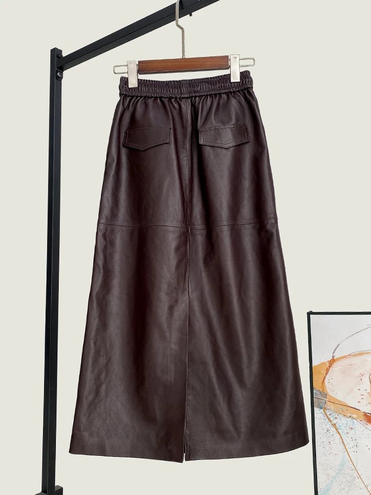 Spring New High Quality Genuine Leather Skirt Women's Waist Lace-up Hip Top Layer Sheepskin Midi