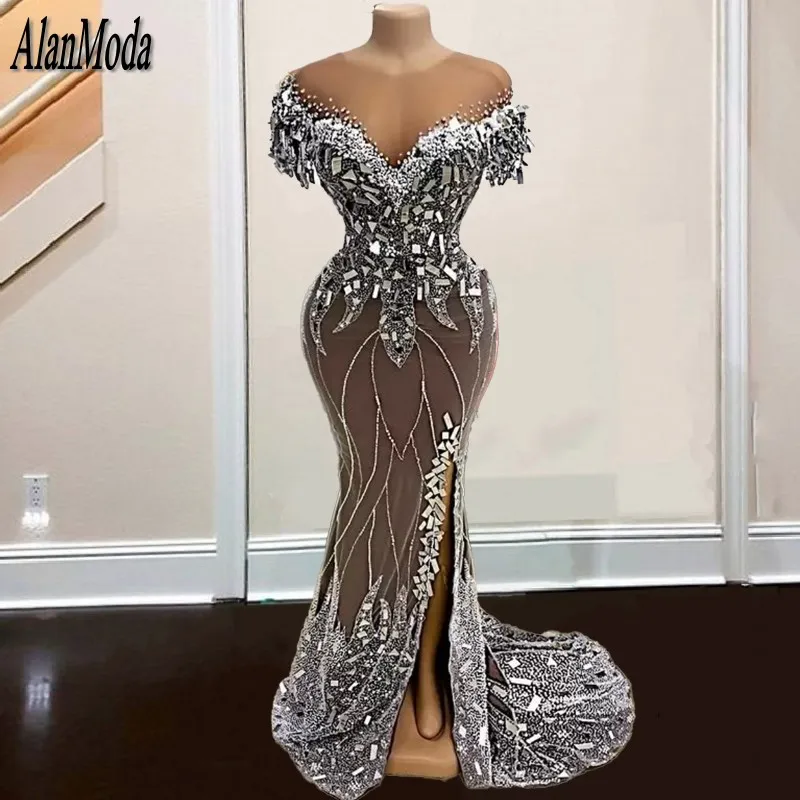 

Luxury Crystal Prom Dresses Beading Sequin Appliques Aso Ebi Evening Gowns 2024 Cap Sleeves Party Dress Robes De Soirée