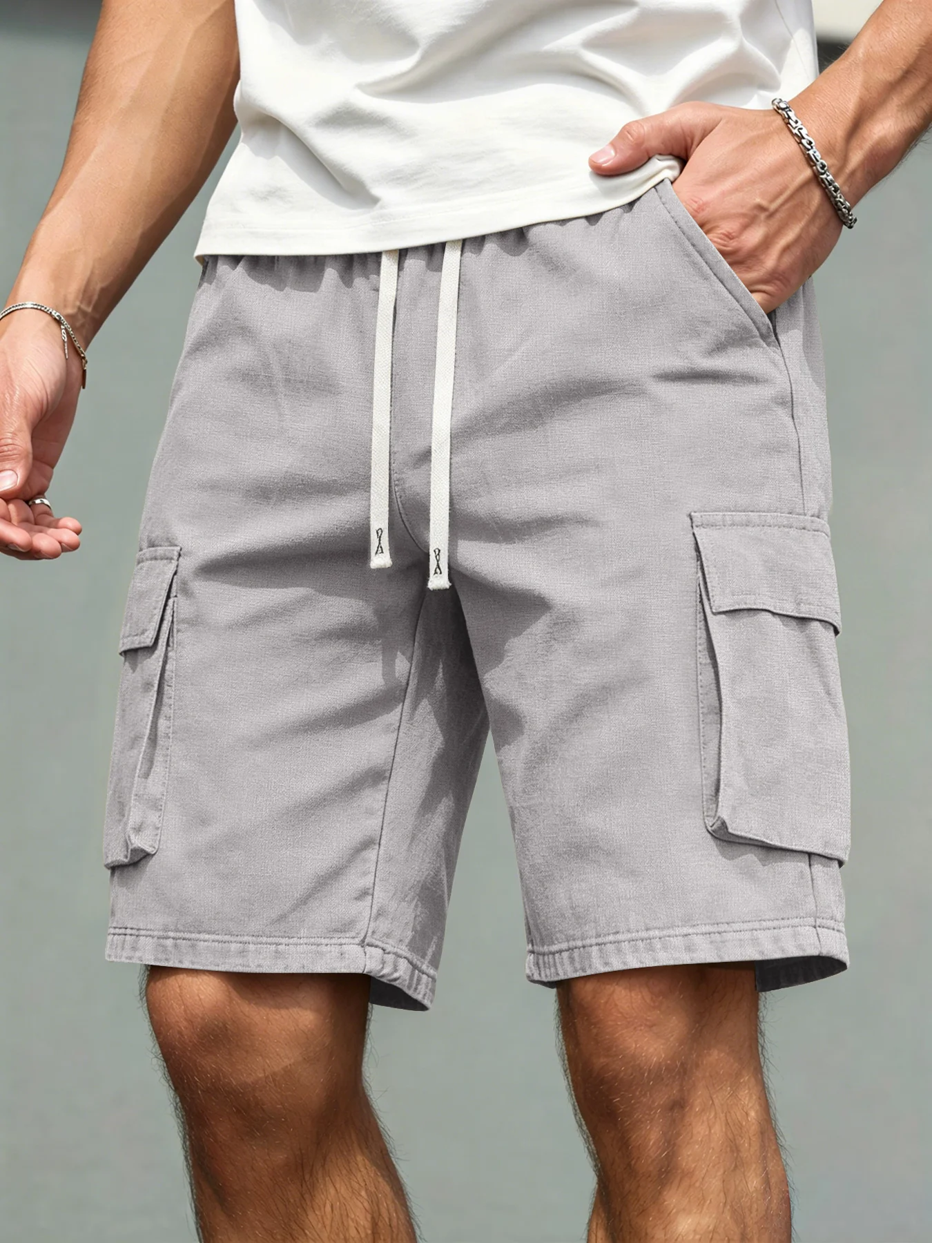 2026 Men's loose linen straight-leg pants, casual multi-pocket work shorts, high-end men's shorts, drawstring daily work shorts