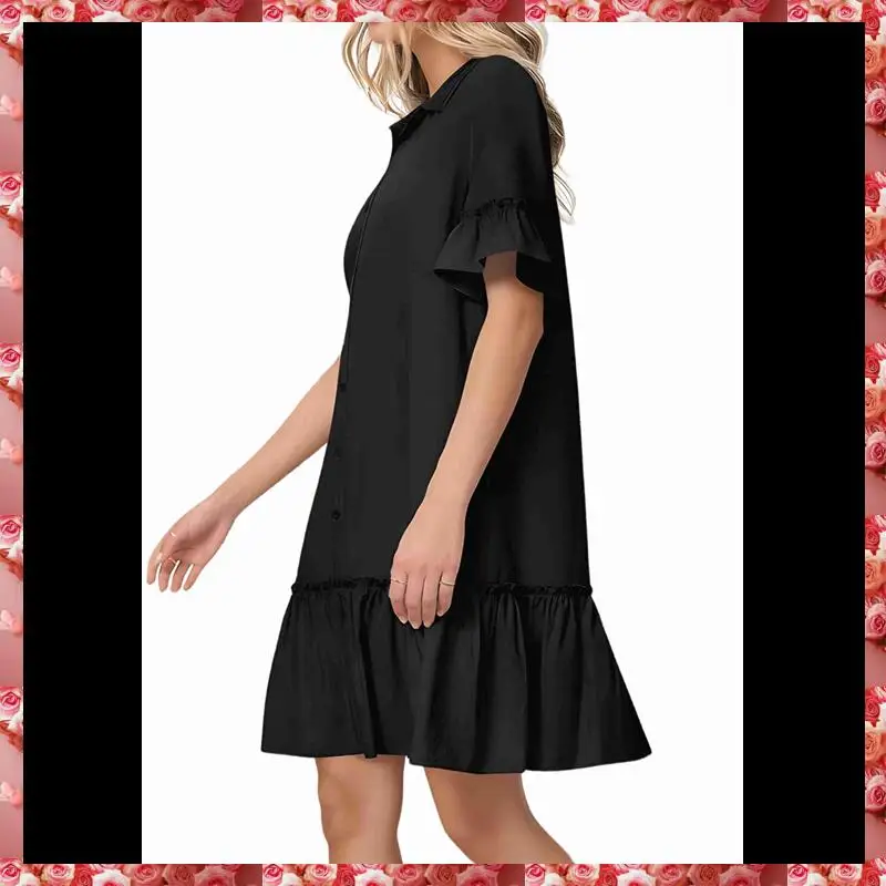 Women's Summer Button Down Shirt Dress Casual Ruffle Sleeve Shift Mini Dresses With Pockets