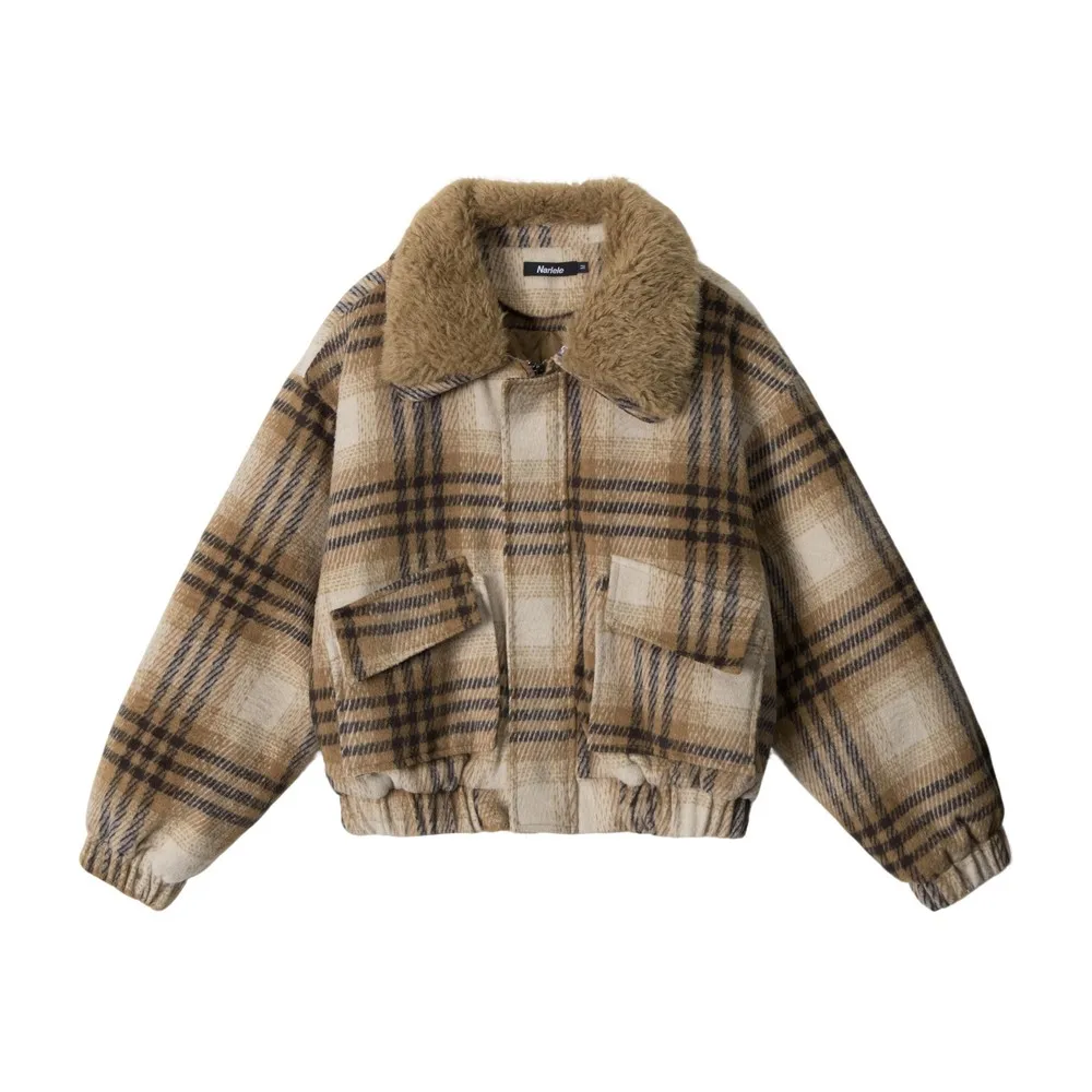 

Клетчатые лоскутные флисовые воротники, толстые свободные куртки, хлопковые пальто для женщин и девочек, верхняя одежда для акмедиа, весенне-зимняя уличная одежда