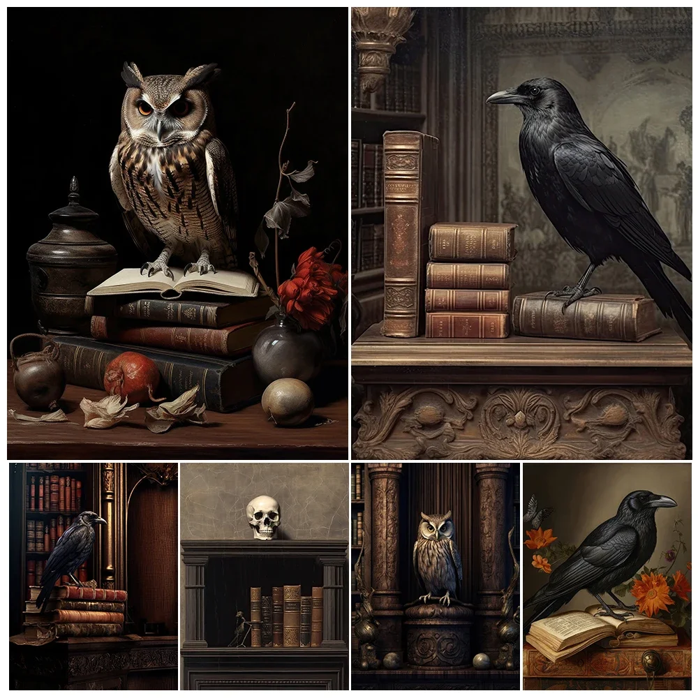 Crows,Owls,And Ancient Magic Books Vintage Wall Art Canvas Painting Dark Academia Witchcraft Element Art Poster Print Decoration