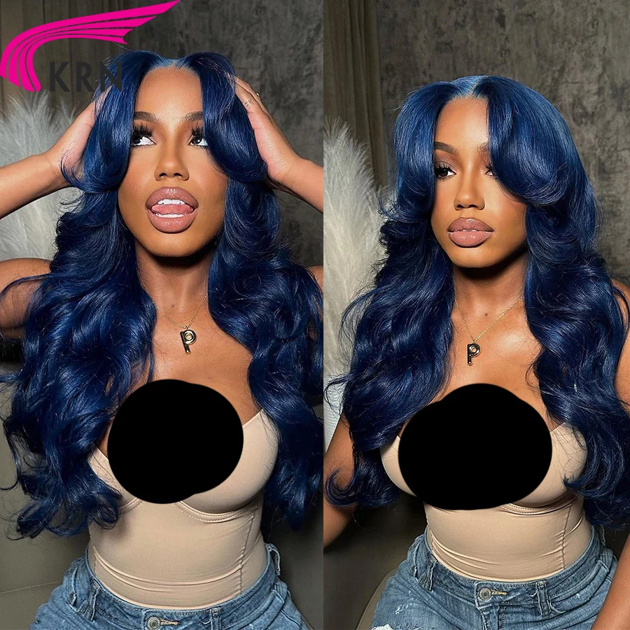 KRN Body Wave Wig renda berenda warna biru 13x4 Wig rambut Brazilian Remy ketebalan 150% Wig renda depan garis rambut alami