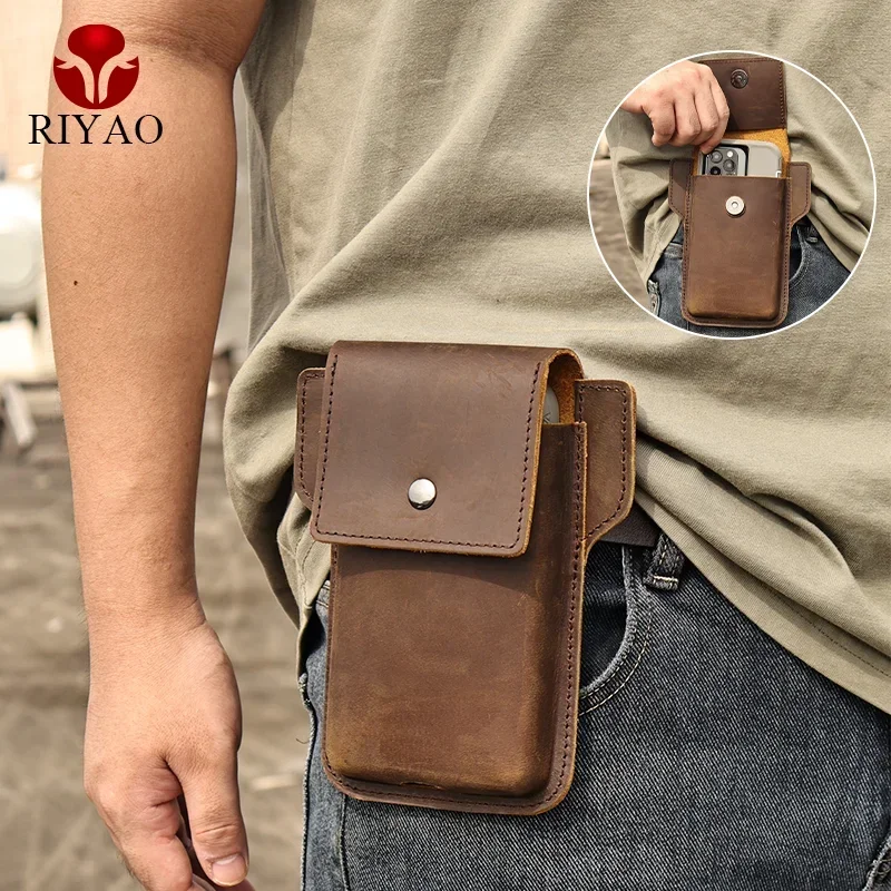 RIYAO-Vintage Genuine Leather Phone Pouch Case, Small Waist Packs for Men, Holster Bag with Belt Clip Loop, Outdoor Travel