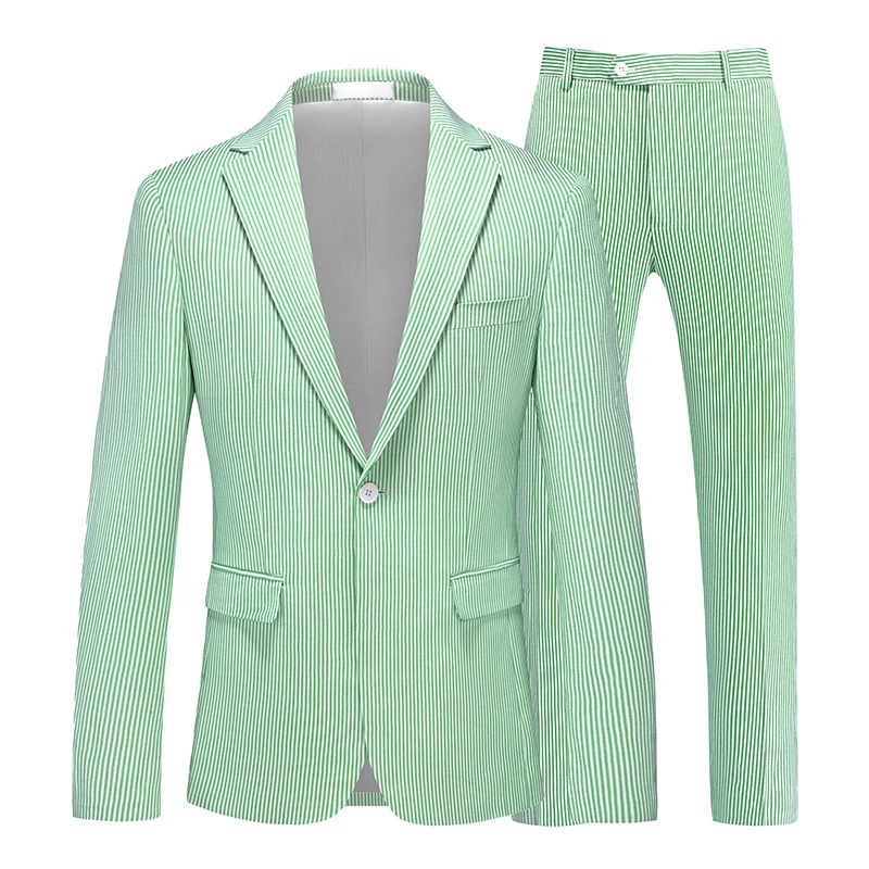 2026  New Spring/Summer Lightweight Breathable Fine Striped Foam Yarn Suits for Men, Multi Color Seersucker Men's Blazer + Pants