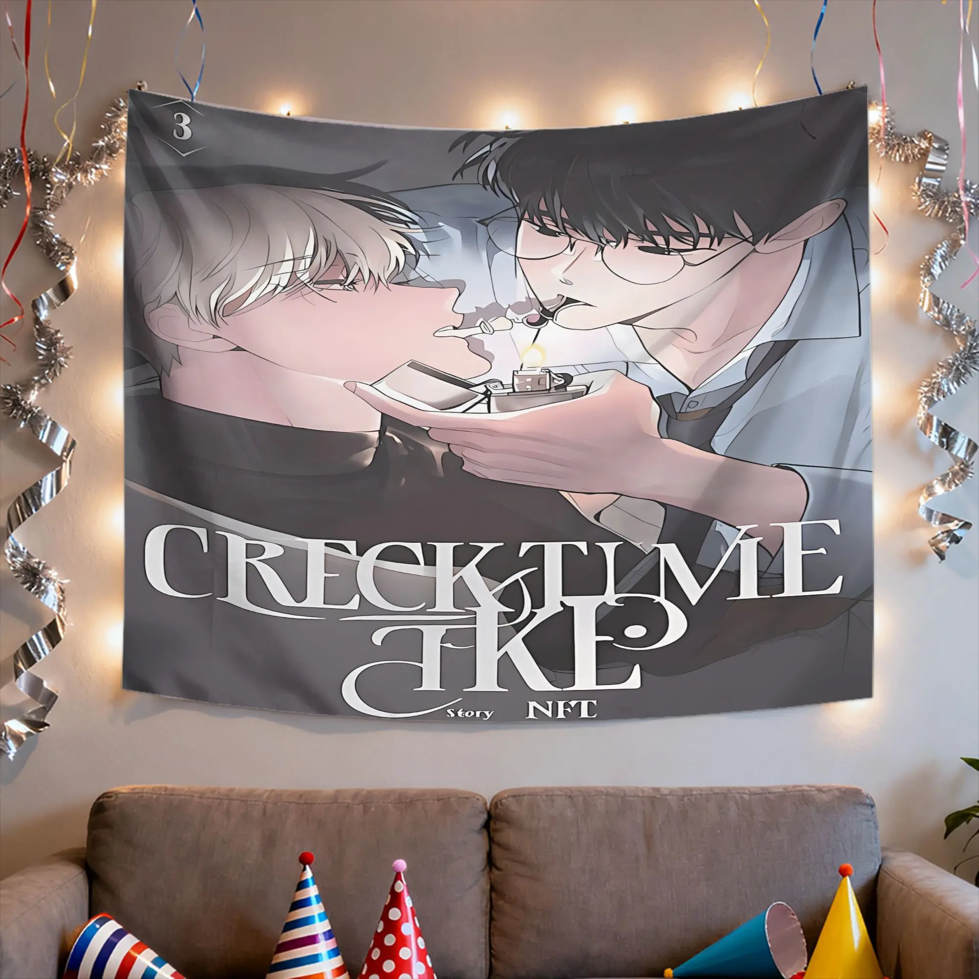 VIKAMA Korean Manga Atmosphere Tapestry Double Male Protagonist Smoking Name Scene Printing Anime Style Kawaii Decor