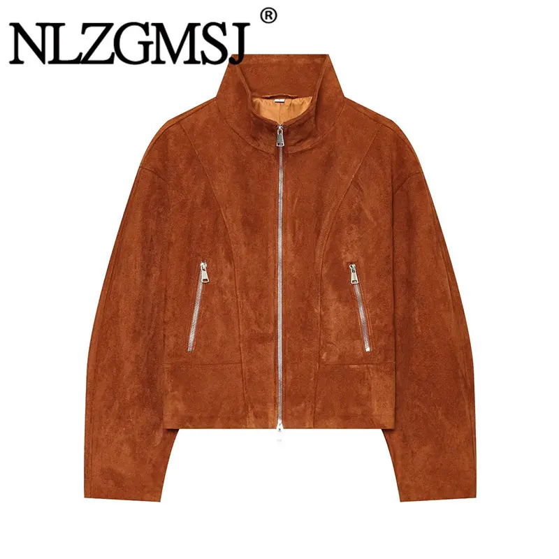Nlzgmsj 2026 Autumn Women Vintage Suede Stand Collar Zip Up Cropped Jacket Casual Long Sleeve Outerwear