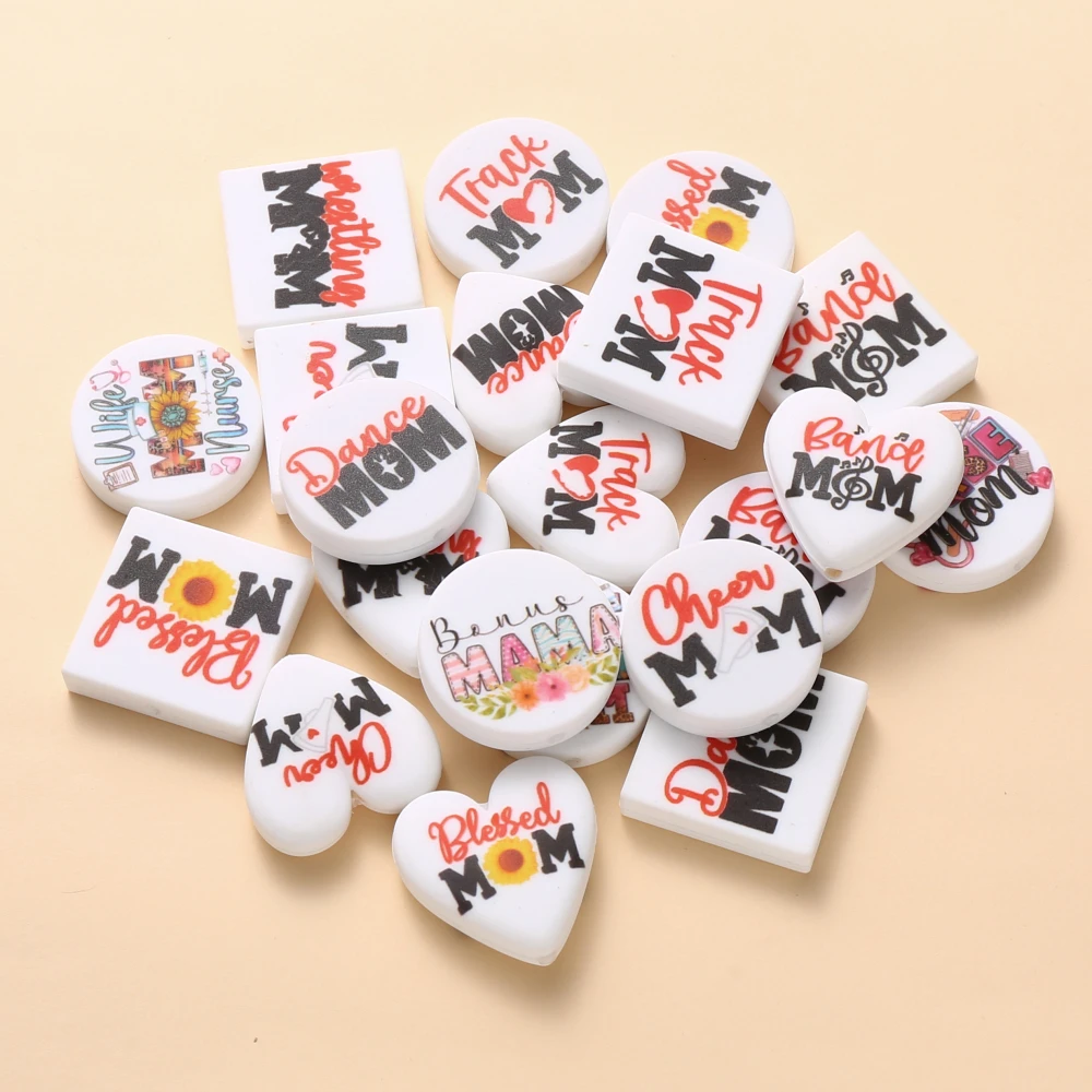 

10Pcs Print MOM Letter Silicone Beads Square Heart Teether Chew Beads For DIY Nursing Baby Pacifier Chain Keychain Writing Pen