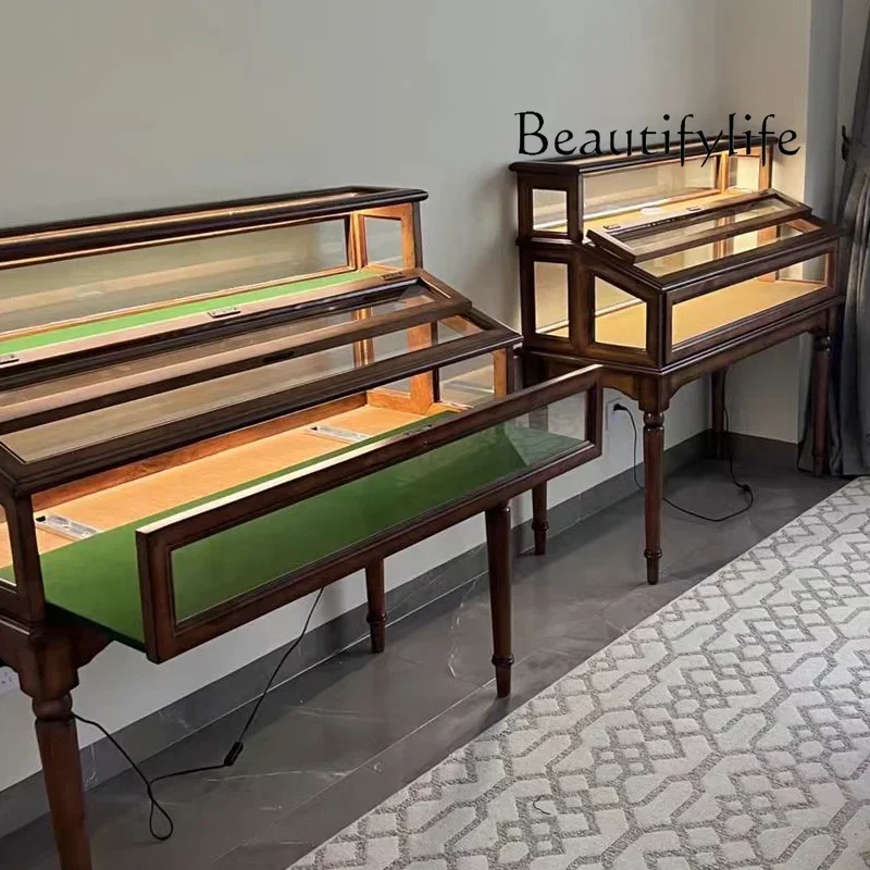 

T Double-layer Display Cabinet, All Solid Wood Display Cabinet, Nostalgic Locker, Neutral Lamp Decorative Cabinet