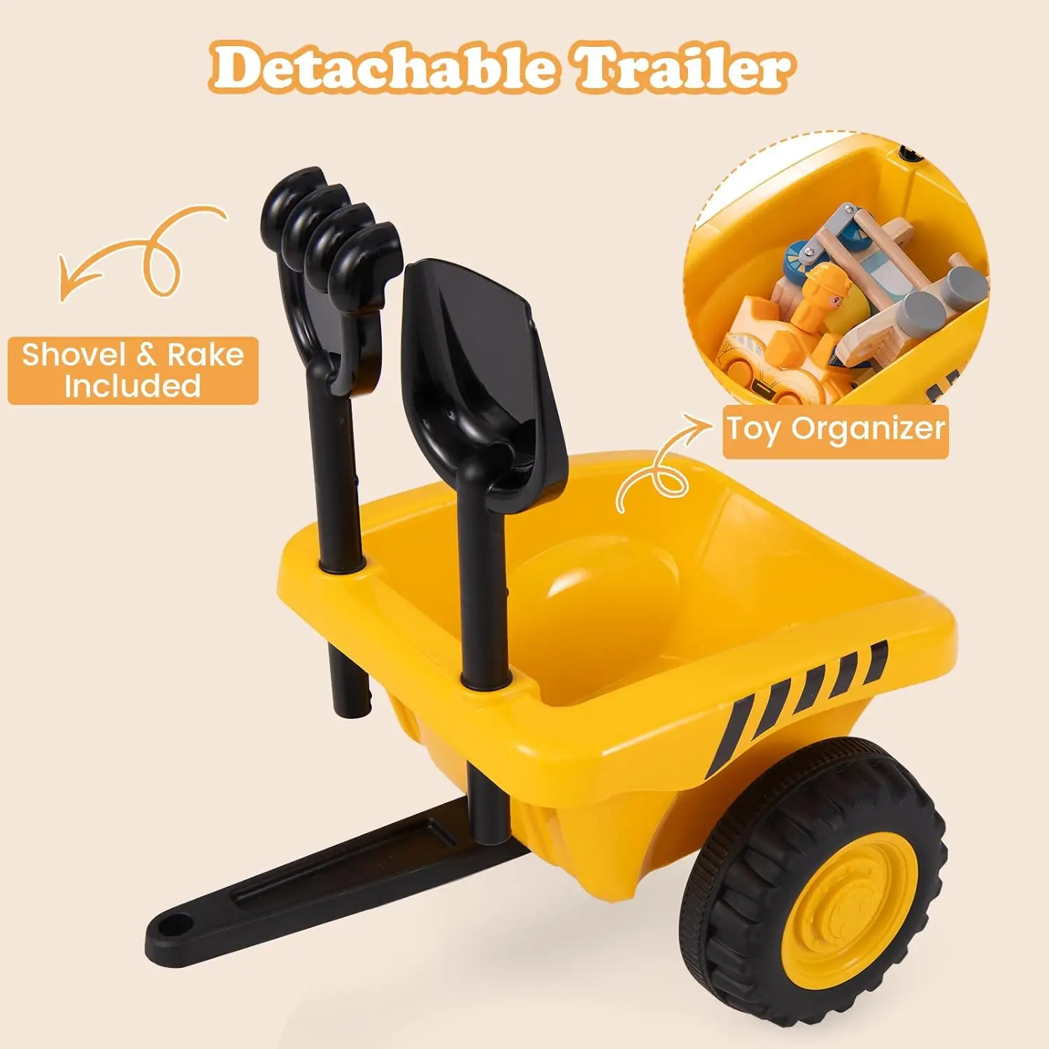 Passeio Caterpillar licenciado no trator, passeio 2 em 1 em carro push com reboque removível, farol, buzina, ancinho, pá, pé para fl