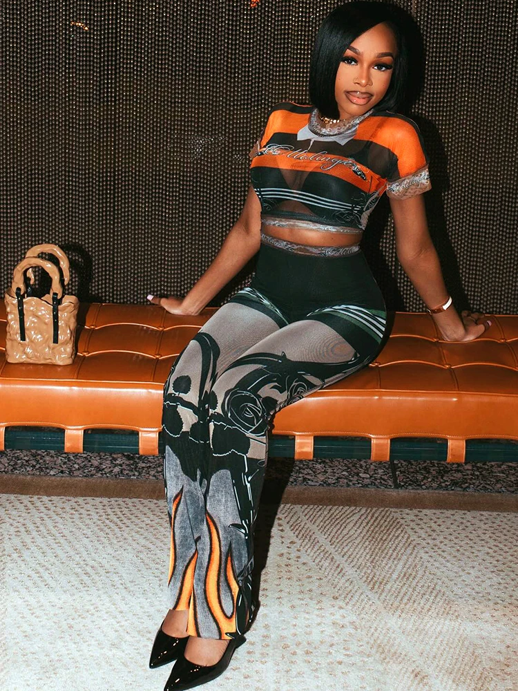 

Whatiwear Sexy See Through 2 Piece Set Women Stripe Patchwork Tops+Flame Print Skinny Pants Hot Girls Street Hipster Outfits