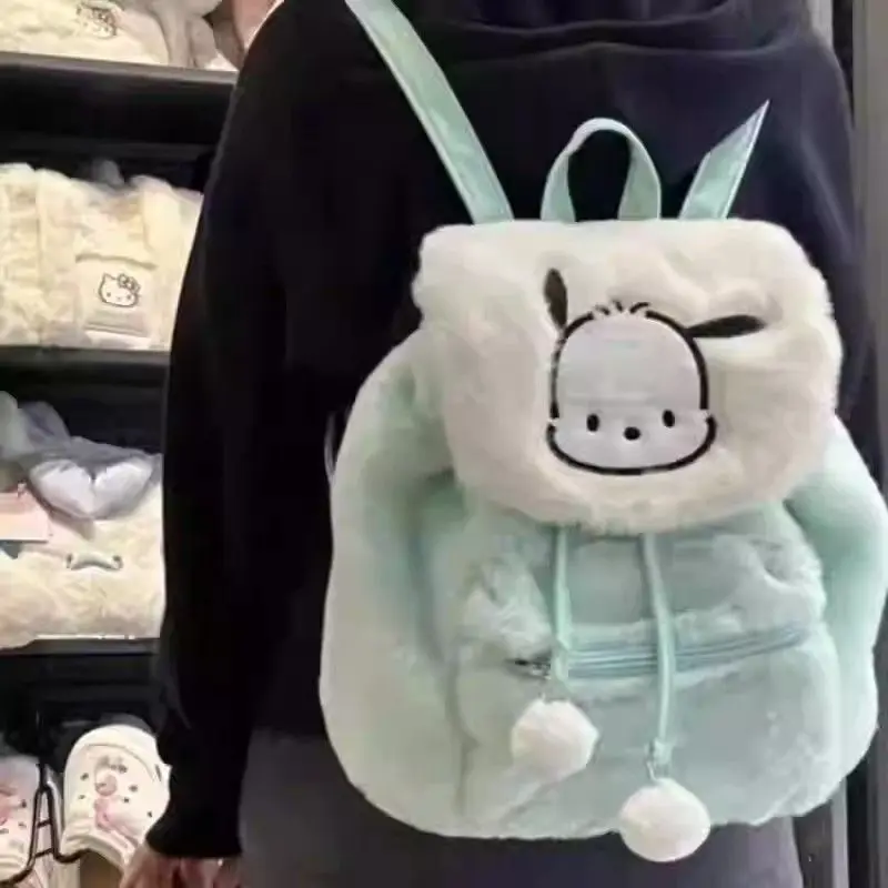Kawaii Drawstring Flap Plush Backpack, My Melody Hello Kitty Pochacco Soft Fuzzy School Bag with Decor Casual Fluffy Daypack - view 4