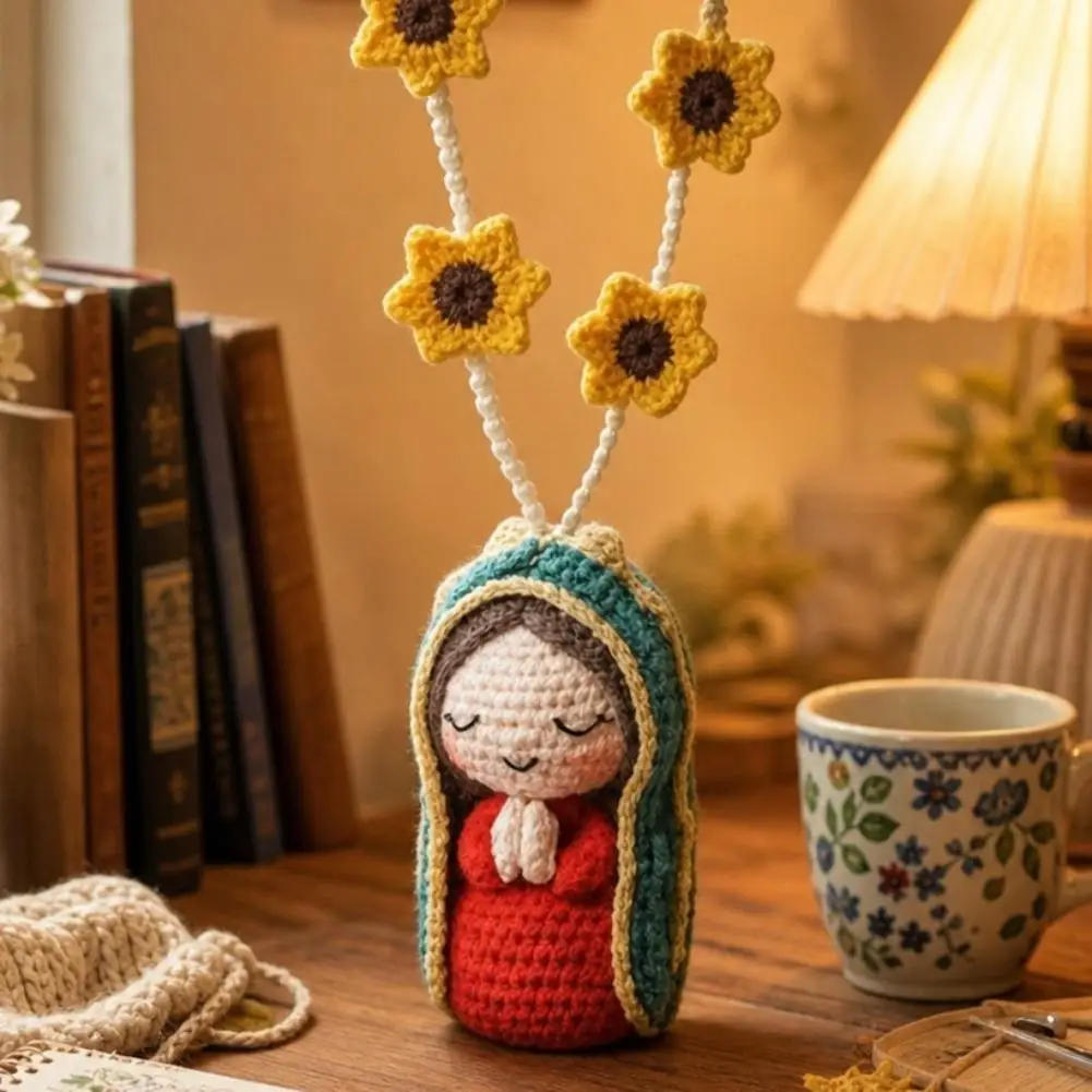 Colgante de Ganchillo Hecho a Mano de la Virgen María para Coche, Muñeca Adorable con Cadena de Cuentas de Rosa y Girasol, Adorno Religioso de Bendición, Decoración para Auto
