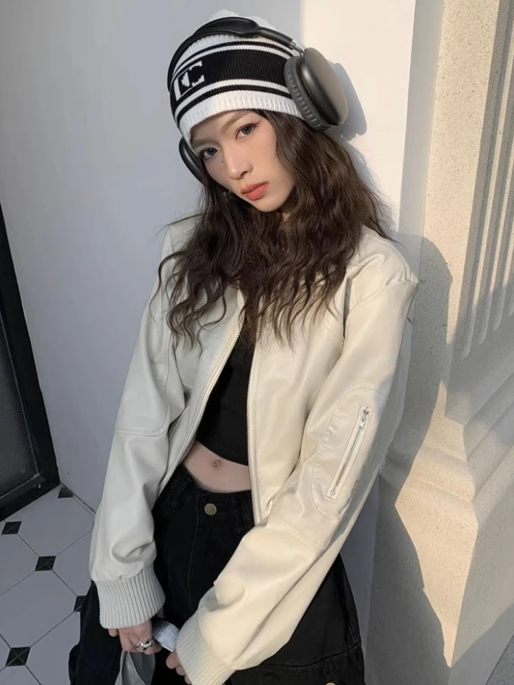 Vintage White Short Leather Jacket Women Casual Loose High Street Biker Moto Jacket Female 2023 Winter Fashion Korean Chic Coats