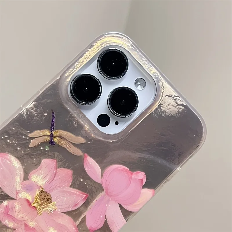 Lotus Dragonfly Phone Case For iPhone 16 15 14 13 12 11 Mini Pro Max X XR XSMax 7 8 Plus Glacier Pattern Shockproof Soft Cover