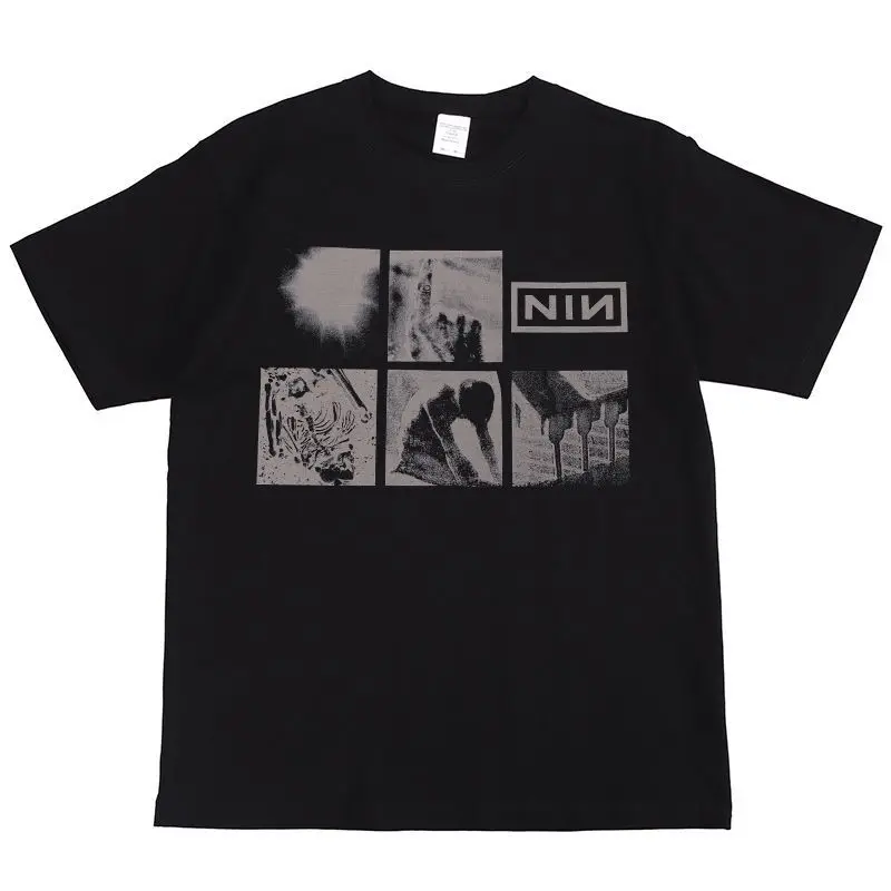 

Retro Men's and Women's Pure Cotton T-shirts Nine Inch Nails Nine Inch Nails Rock Band Offset Print American Street Hip-hop