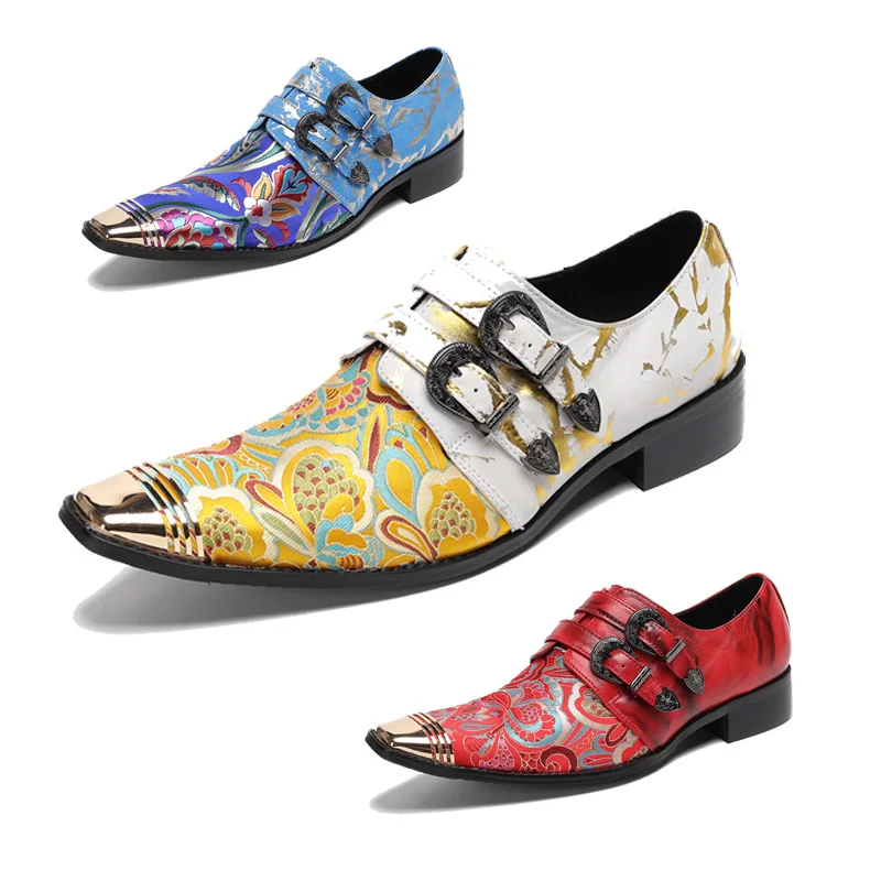 

Classic Printed Leather Shoes Men's Buckle Style Metal Pointed Casual Business Dress Shoes Fashionable Party Wedding Shoes