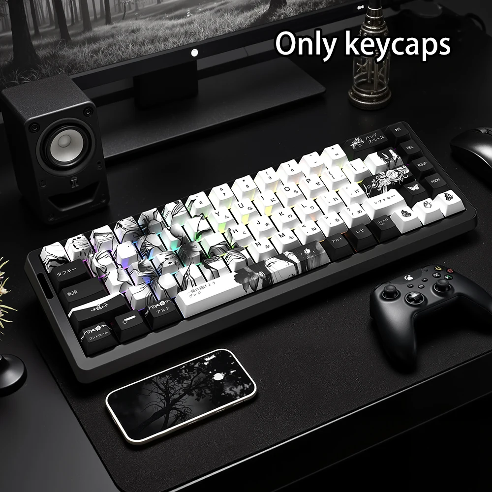 

129/135 Key Razer theme keycaps, in black and white style, compatible with various hot-swappable mechanical keyboards