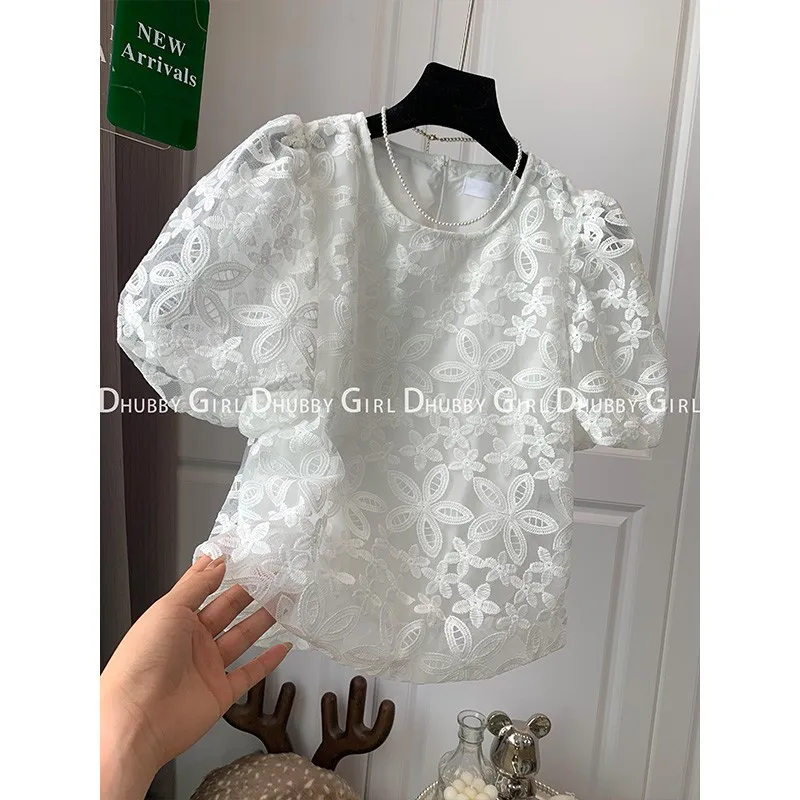 Fairy Hook Flower Hollow Out Lace Shirt Korean Sweet Gentle Style Blusa 2023 Summer Puff Sleeve Solid Color O-Neck Blouse