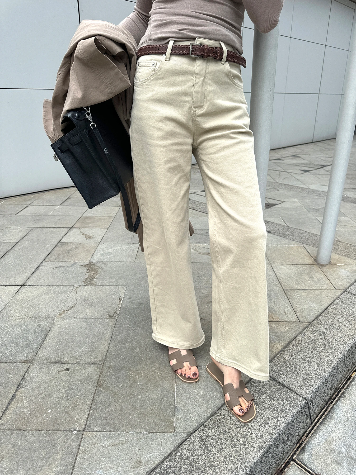 

Spring Summer New Women's Khaki Straight Leg Jeans Light Wash Retro Korean Style Casual Cotton Stretch Denim Casual Pants