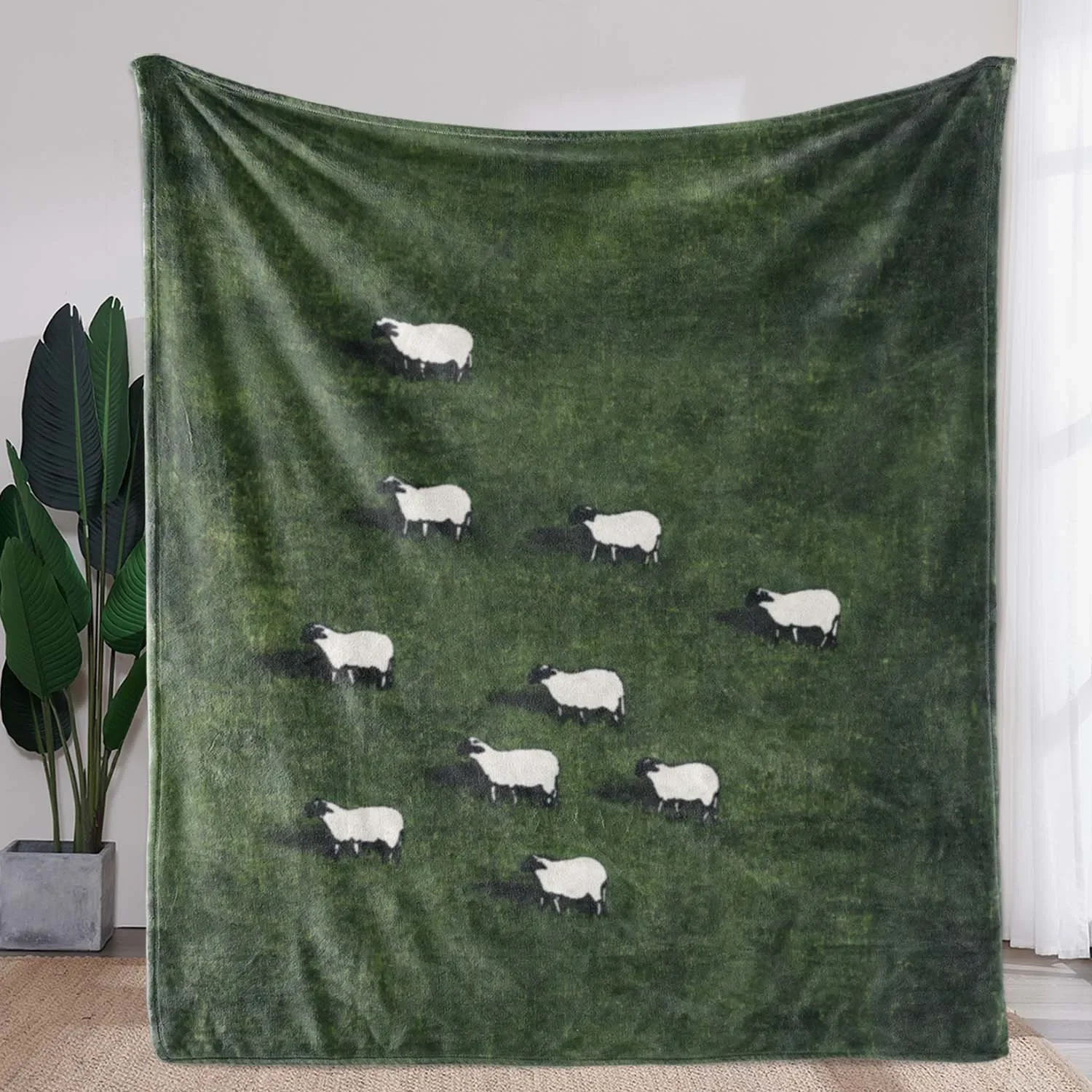 Sheep Themed Flannel Blanket With Idyllic Grass Field Design Suitable For Home Relaxation Offering Soft Warmth And Quality