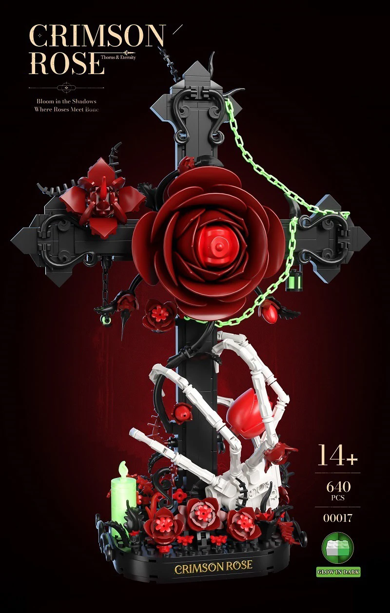 Idea Leuchtender Baustein Kreuz-Totenkopf Rote Rose Spielzeug Blume Skeletthand Konstruktions-Baustein-Modell Sammlerstück Schreibtischdekoration – Detail 1