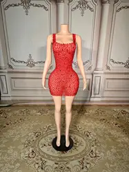 Luxurious Full Rhinestones Short Dress for Women Evening Prom Celebrate Dress Sexy Mesh Transparent Singer Show Stage Wear