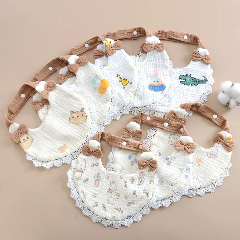 Random color 3PCS  Adorable Drool Bibs with Lace Bow Soft Cotton Muslin Bandana Bib for Newborn Male female babies Ins Trendy