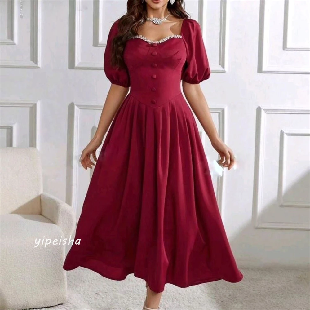 Jersey Beading Draped Pleat Celebrity A-line Square Collar Bespoke Occasion Gown Midi Dresses