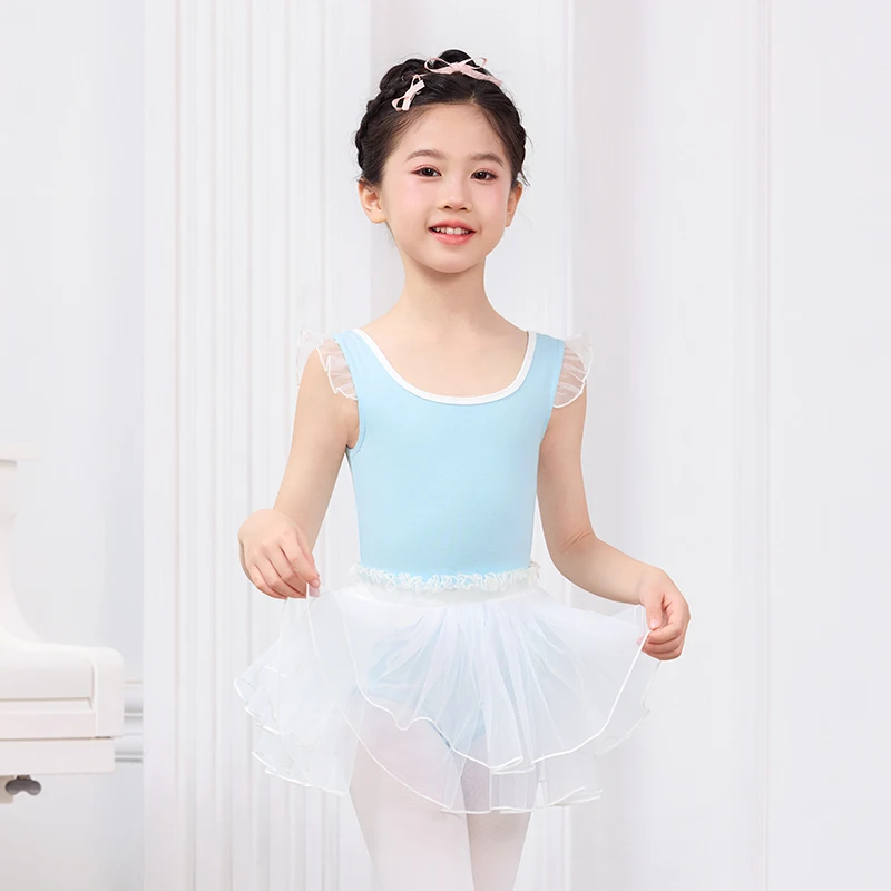 キッズガールズバレエレオタードノースリーブベストダンスボディスーツフライスリーブ体操レオタードバレリーナバレエ衣装チュチュ付き
