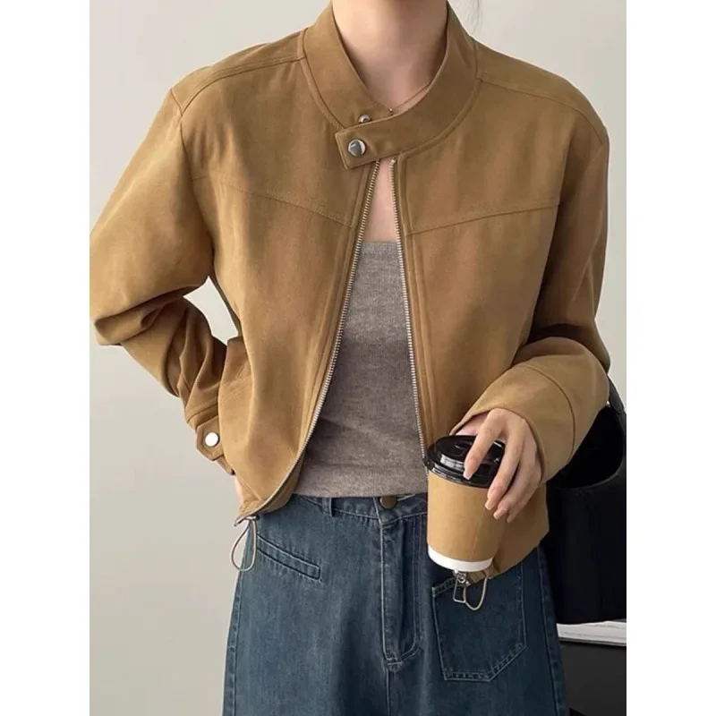 

Американская ретро воротник-стойка, маленькая куртка в стиле ароматов, мотоциклетная одежда, весенне-осенняя женская повседневная красивая куртка