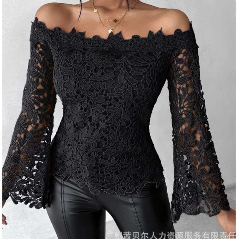 

Off Shoulder Lace Top Women Tops Slash Neck Y2k T Shirt Long Flare Sleeve Hollow Out High Waist Casual Shirts Party Elegant Tees