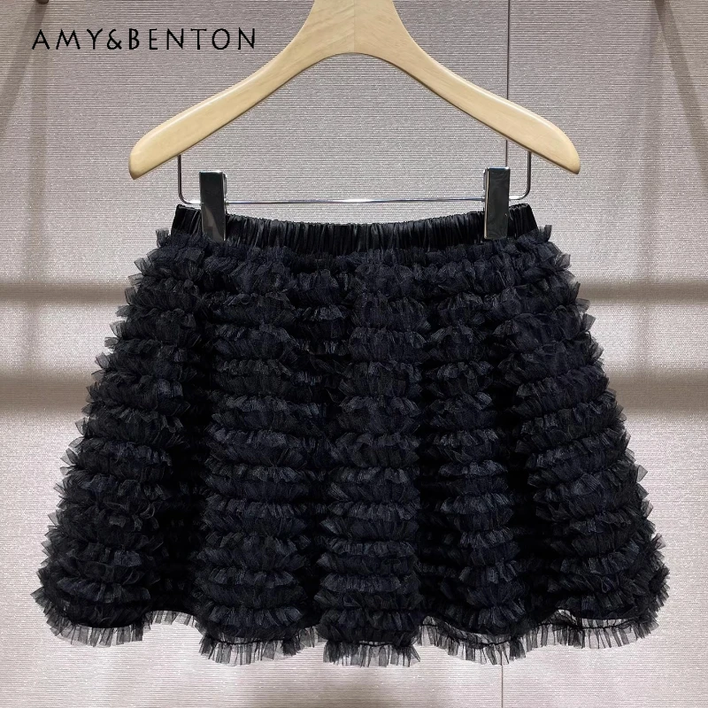 

2026 Spring New Lace Ruffle Black Women's Short Skirt French Retro Design Sweet Cool Sexy Loose Versatile Mesh Skirts Ladies