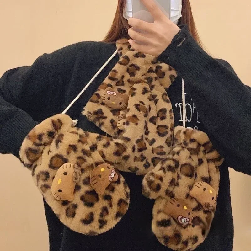 Sanrio Hello Kitty Scarf Gloves Winter Female Cute Cartoon Leopard Print Warm Neck Gaiter Halter Neck Gloves Kawaii Gift