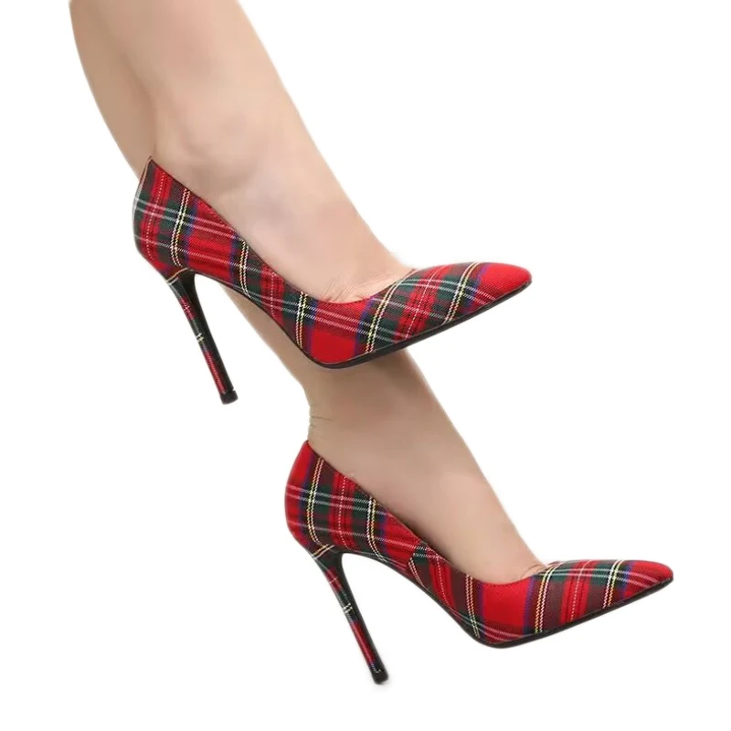 

SHOFOO Модные женские туфли на высоком каблуке. Клетчатые туфли из ткани с острым носком. Высота каблука около 12 см. Туфли четырехсезонные. РАЗМЕР: 34-46