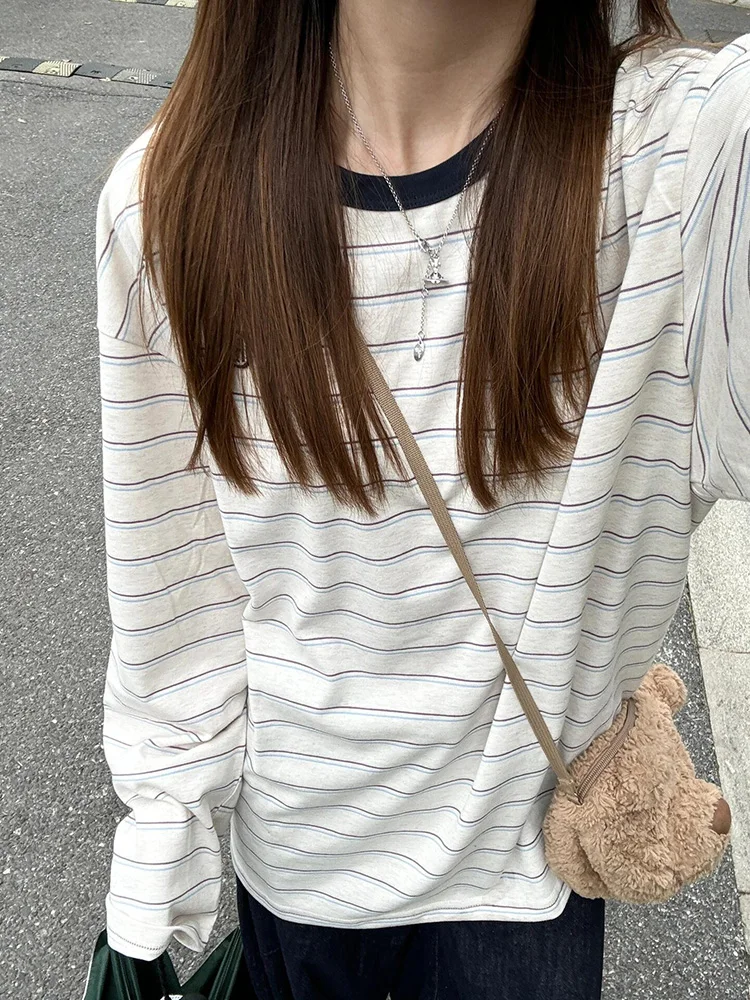 Amerykańska koszulka z długim rękawem, z haftem w paski, damska, wiosenno-jesienna, luźna, do noszenia pod spód, bazowa, bawełna 100%.