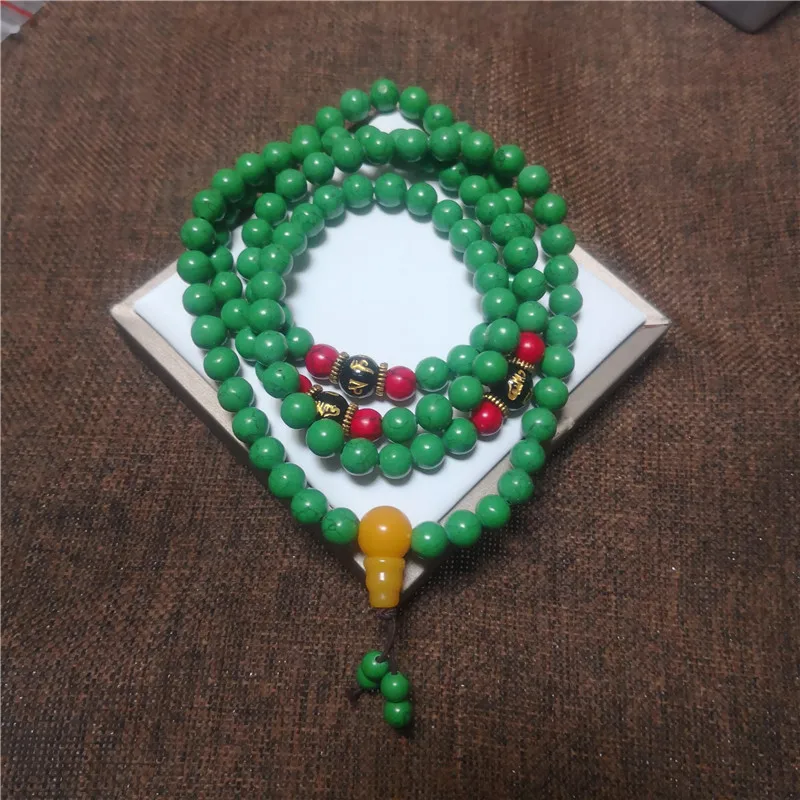 108 Artificial Buddha Beads Bracelet Optimized Green Turquoise 8MM Amber Three-Way Accessory