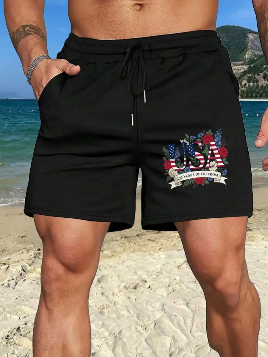 

Mens Casual USA Flag Floral Print Beach Shorts 250 Years Freedom Design